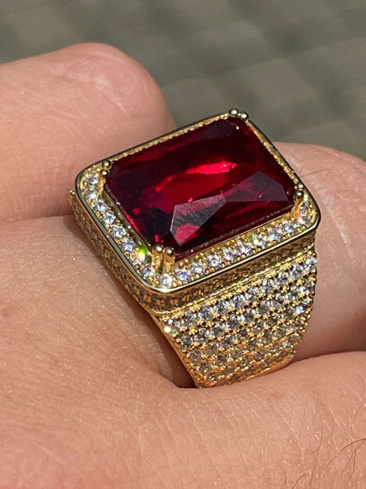 HarlemBling Mens Iced Diamond 14k Gold Vermeil Out Real 925 Silver Ruby Red Stone Big Ring