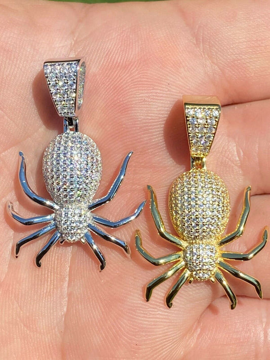 HarlemBling Mens Ladies Real 925 Sterling Silver Spider Pendant Necklace Iced Gold HipHop 1