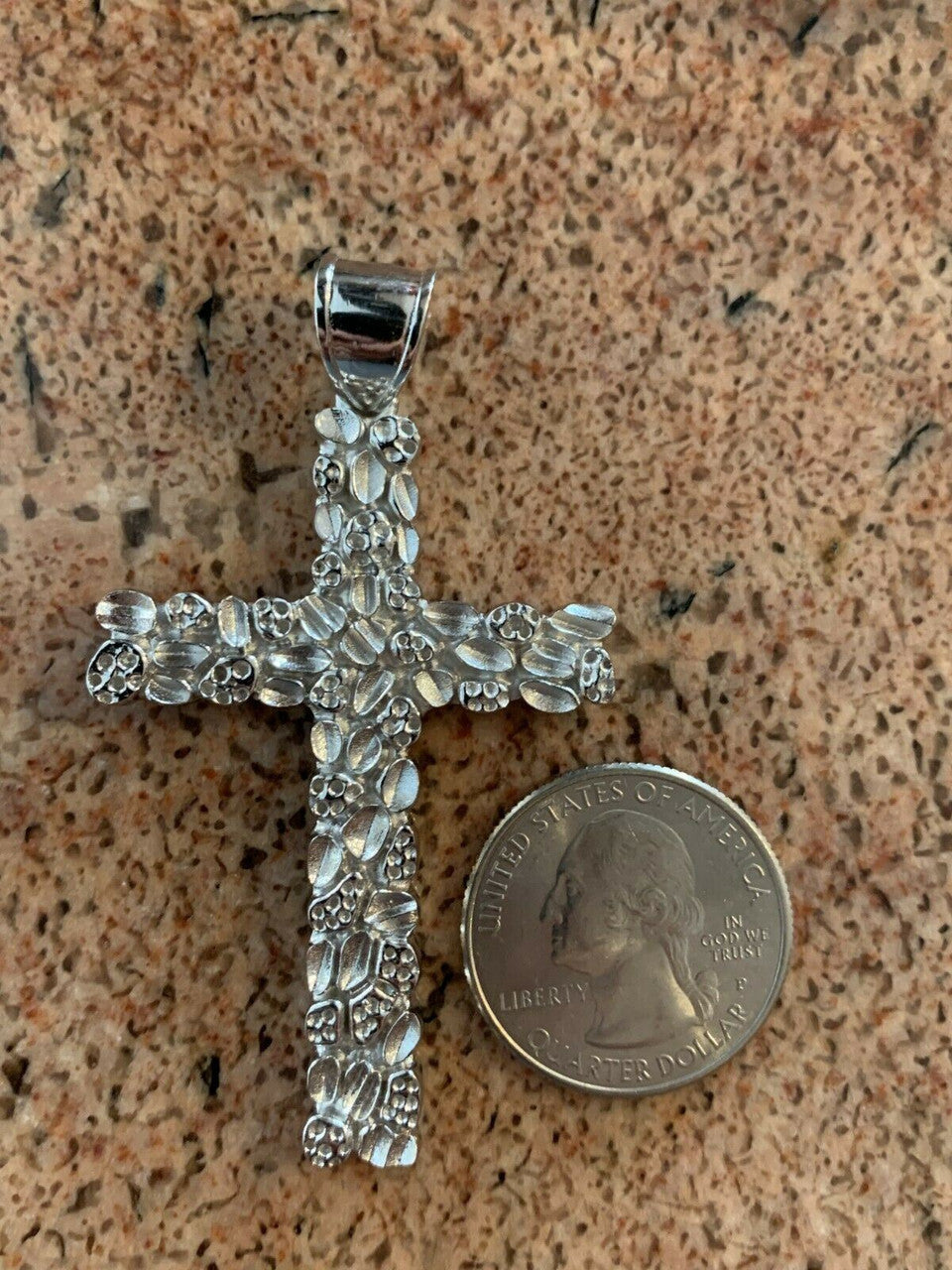 HarlemBling Mens Large 2.25 Solid 925 Sterling Silver Nugget Cross Pendant Crucifix Chain