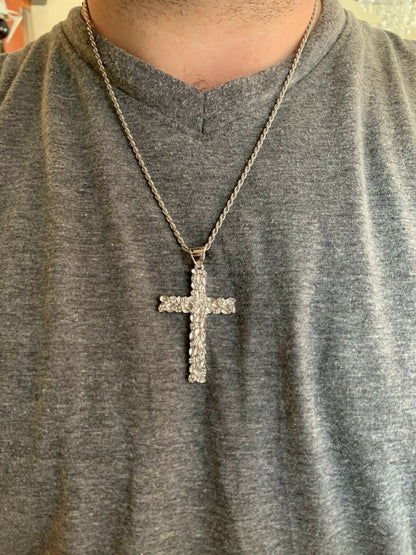HarlemBling Mens Large 2.25 Solid 925 Sterling Silver Nugget Cross Pendant Crucifix Chain