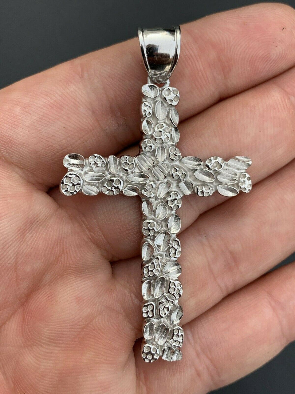 HarlemBling Mens Large 2.25 Solid 925 Sterling Silver Nugget Cross Pendant Crucifix Chain