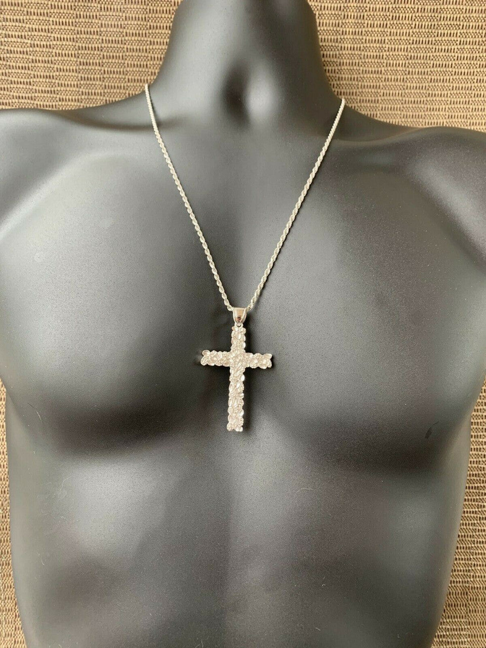 HarlemBling Mens Large 2.25 Solid 925 Sterling Silver Nugget Cross Pendant Crucifix Chain
