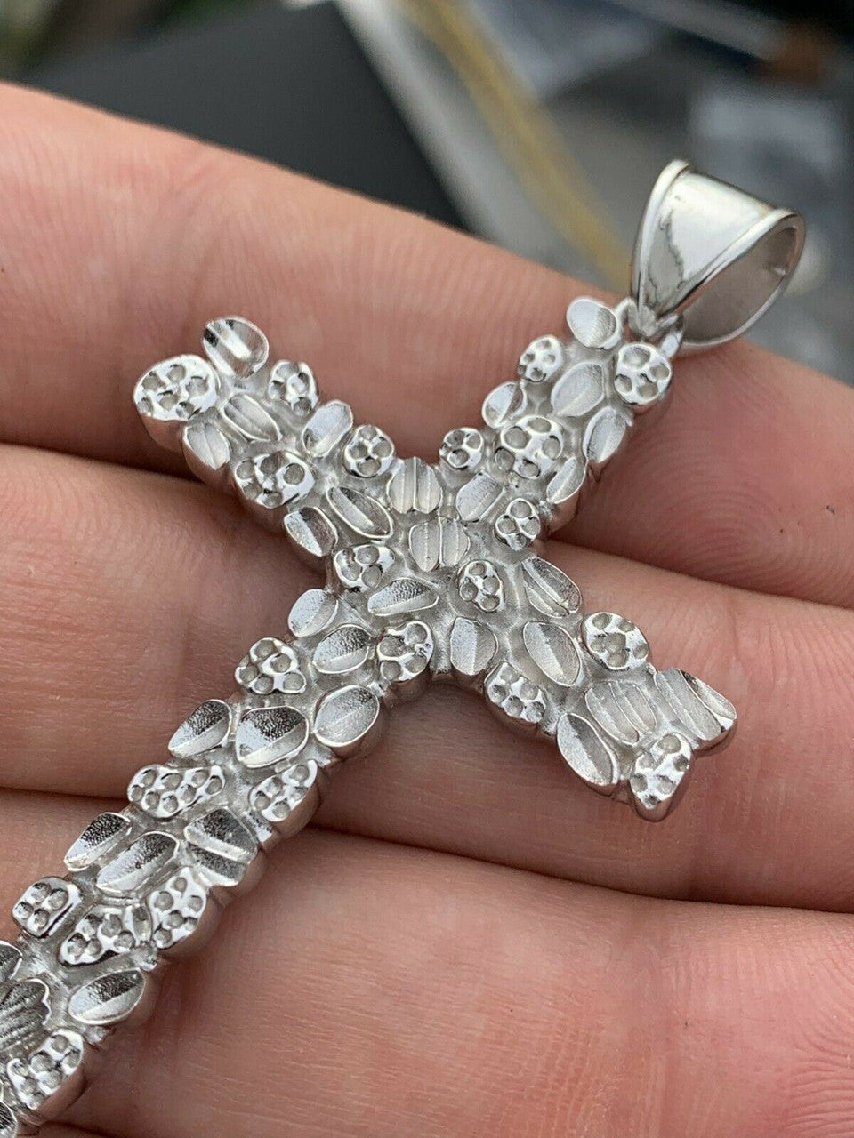 HarlemBling Mens Large 2.25 Solid 925 Sterling Silver Nugget Cross Pendant Crucifix Chain