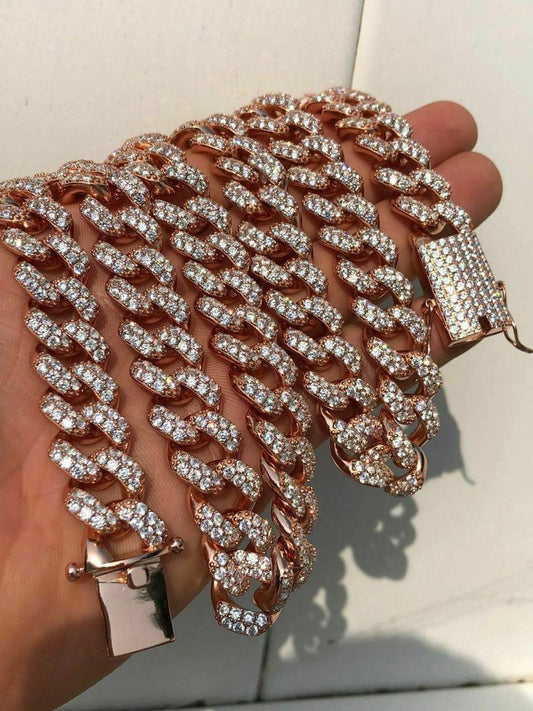 HarlemBling Mens Miami Cuban Link 15mm Chain 14k Rose Gold Over Solid 925 Silver Diamond ICY