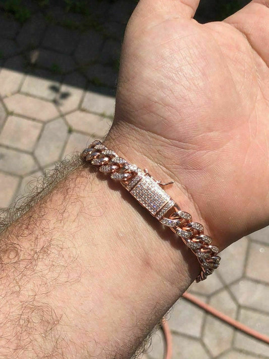 HarlemBling Mens Miami Cuban Link Bracelet 14k Rose Gold Over Solid 925 Silver Diamonds