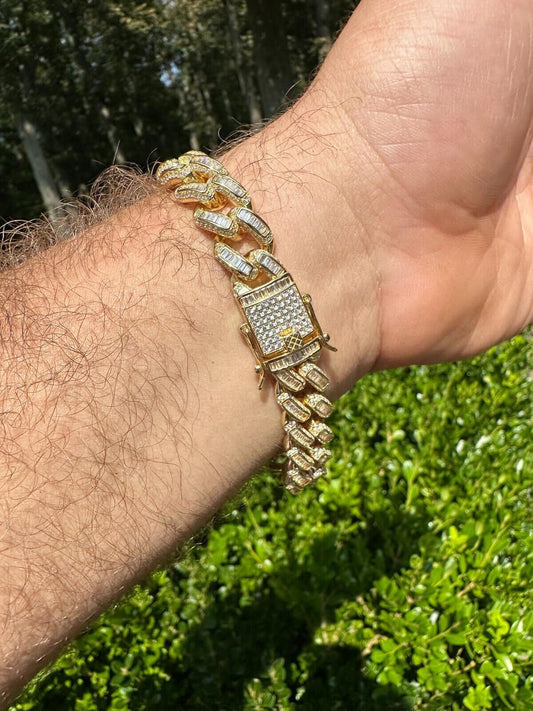 HarlemBling Mens Miami Cuban Link Bracelet Real 14k Gold 925 Silver Baguette Iced CZ Hip Hop