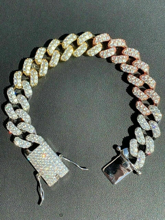 HarlemBling Mens Miami Cuban Link Bracelet Tri Color Solid 925 Silver Rose Yellow Gold Iced