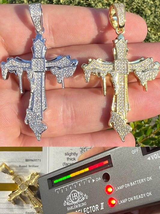 HarlemBling Mens MOISSANITE Real 925 Silver Gold Plated Dripping Cross Iced Pendant Necklace