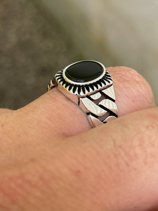 HarlemBling Mens Plain Real 925 Sterling Silver Black Onyx Stone Ring Miami Cuban Link Band