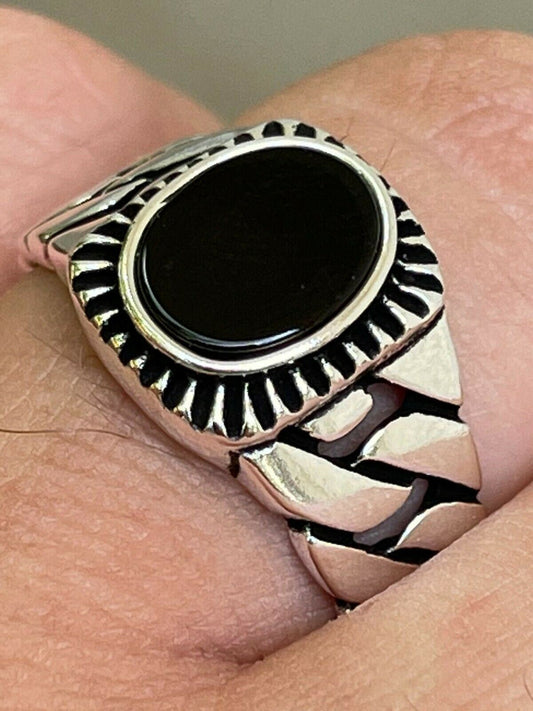 HarlemBling Mens Plain Real 925 Sterling Silver Black Onyx Stone Ring Miami Cuban Link Band