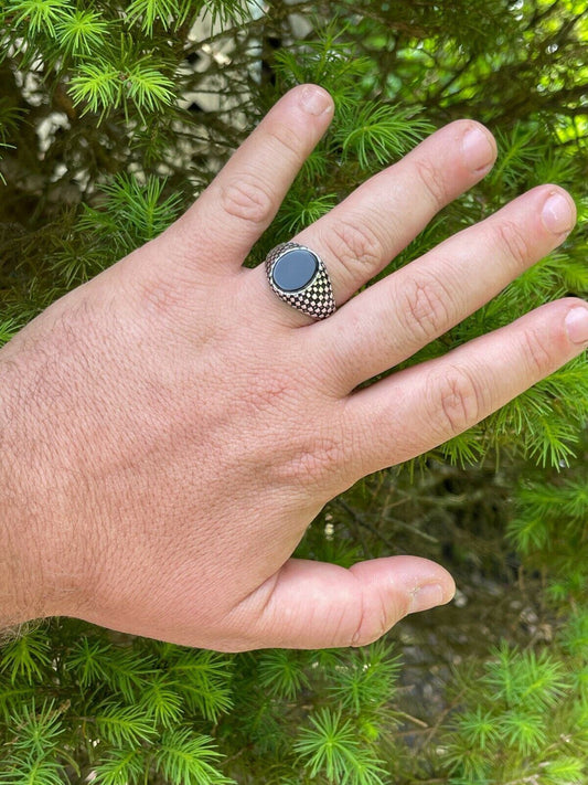 HarlemBling Mens Plain Real 925 Sterling Silver Black Onyx Stone Ring Pinky 7 8 9 10 11 12