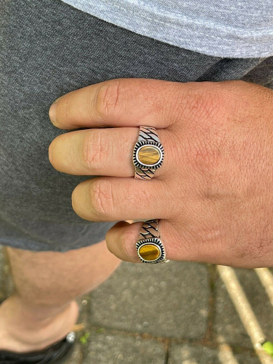 HarlemBling Mens Plain Real 925 Sterling Silver Black Tigers Eye Ring Miami Cuban Link Band