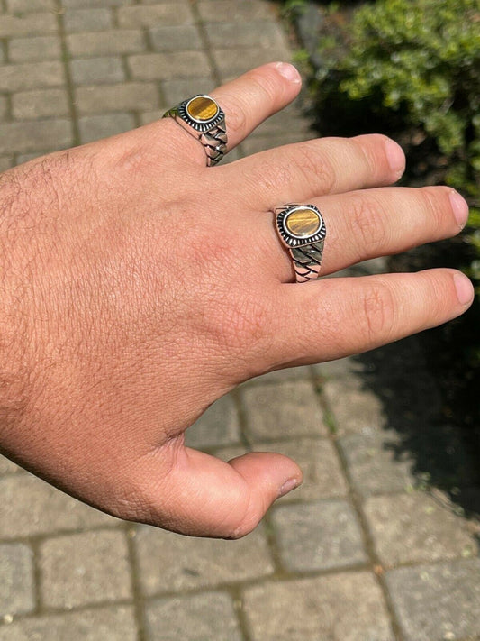 HarlemBling Mens Plain Real 925 Sterling Silver Black Tigers Eye Ring Miami Cuban Link Band