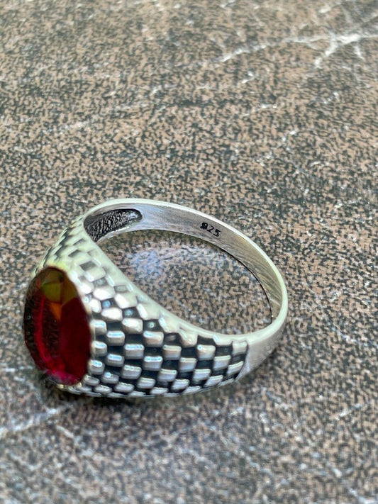 HarlemBling Mens Plain Real 925 Sterling Silver Ruby Red Stone Ring Pinky Or Signet Sz 7-13