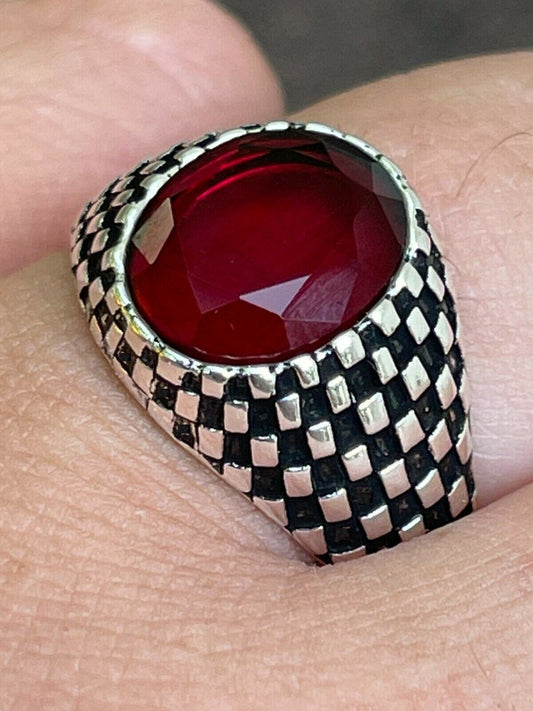 HarlemBling Mens Plain Real 925 Sterling Silver Ruby Red Stone Ring Pinky Or Signet Sz 7-13