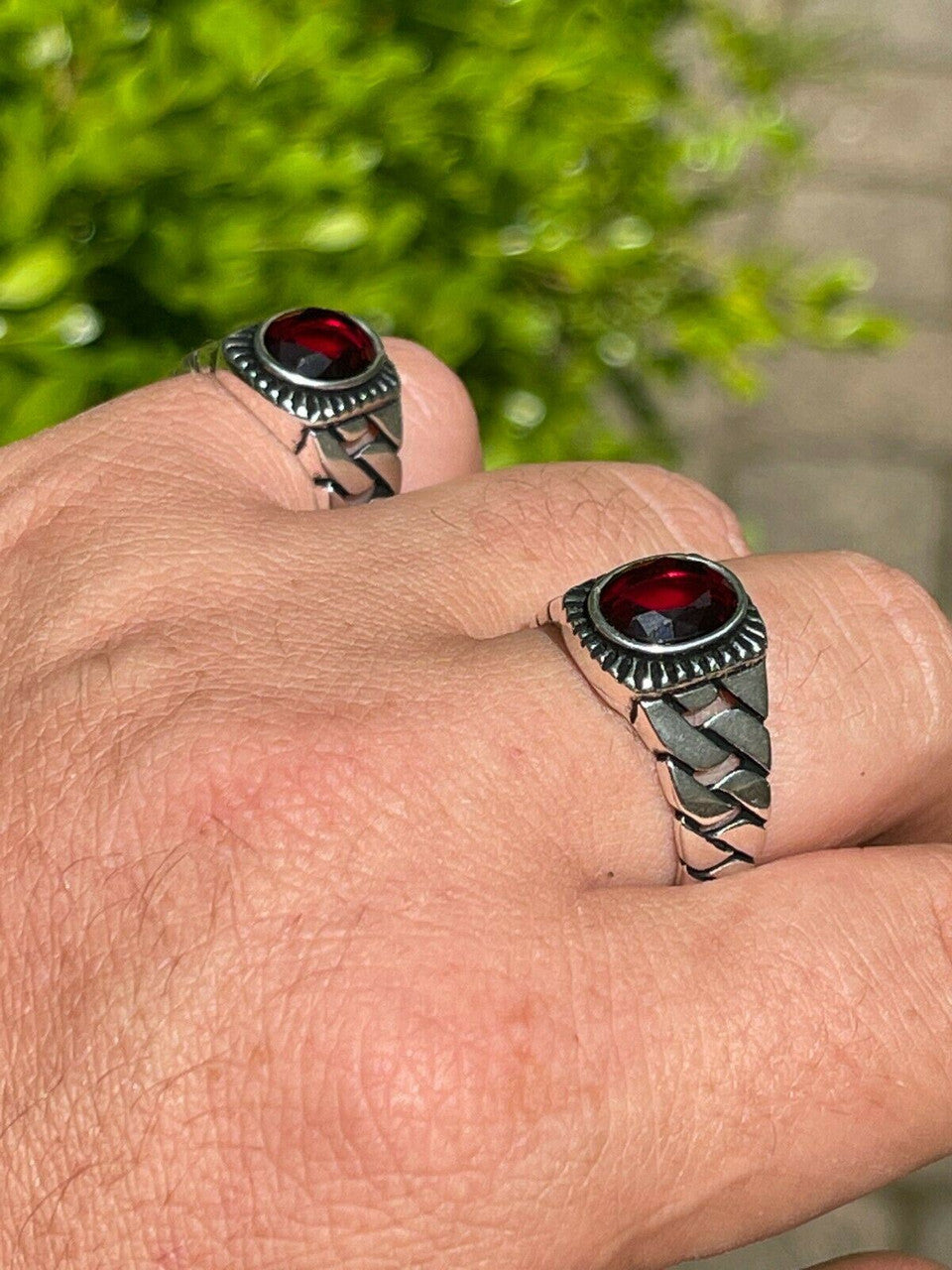 HarlemBling Mens Plain Real 925 Sterling Silver Ruby Red Stone Ring W Miami Cuban Link Band