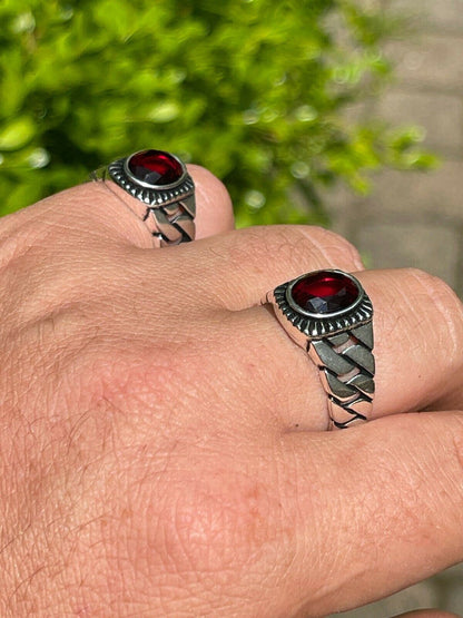 HarlemBling Mens Plain Real 925 Sterling Silver Ruby Red Stone Ring W Miami Cuban Link Band