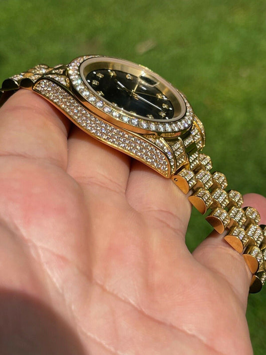 HarlemBling Mens Presidential 14k Gold Over Stainless S Watch Iced 12ct Flooded Out Diamond