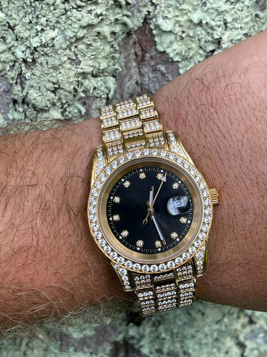 HarlemBling Mens Presidential 14k Gold Over Stainless S Watch Iced 12ct Flooded Out Diamond