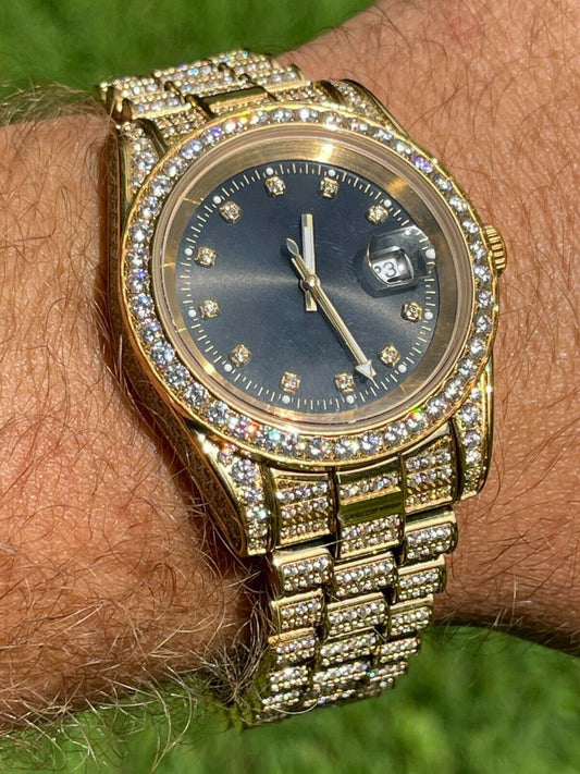 HarlemBling Mens Presidential 14k Gold Over Stainless S Watch Iced 12ct Flooded Out Diamond