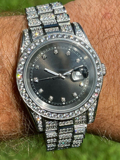 HarlemBling Mens Presidential Stainless 41mm Watch Fully Iced 12ct Flooded Out Diamond Bling