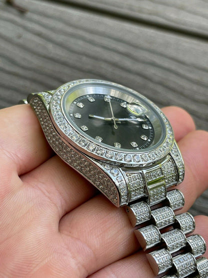 HarlemBling Mens Presidential Stainless 41mm Watch Fully Iced 12ct Flooded Out Diamond Bling