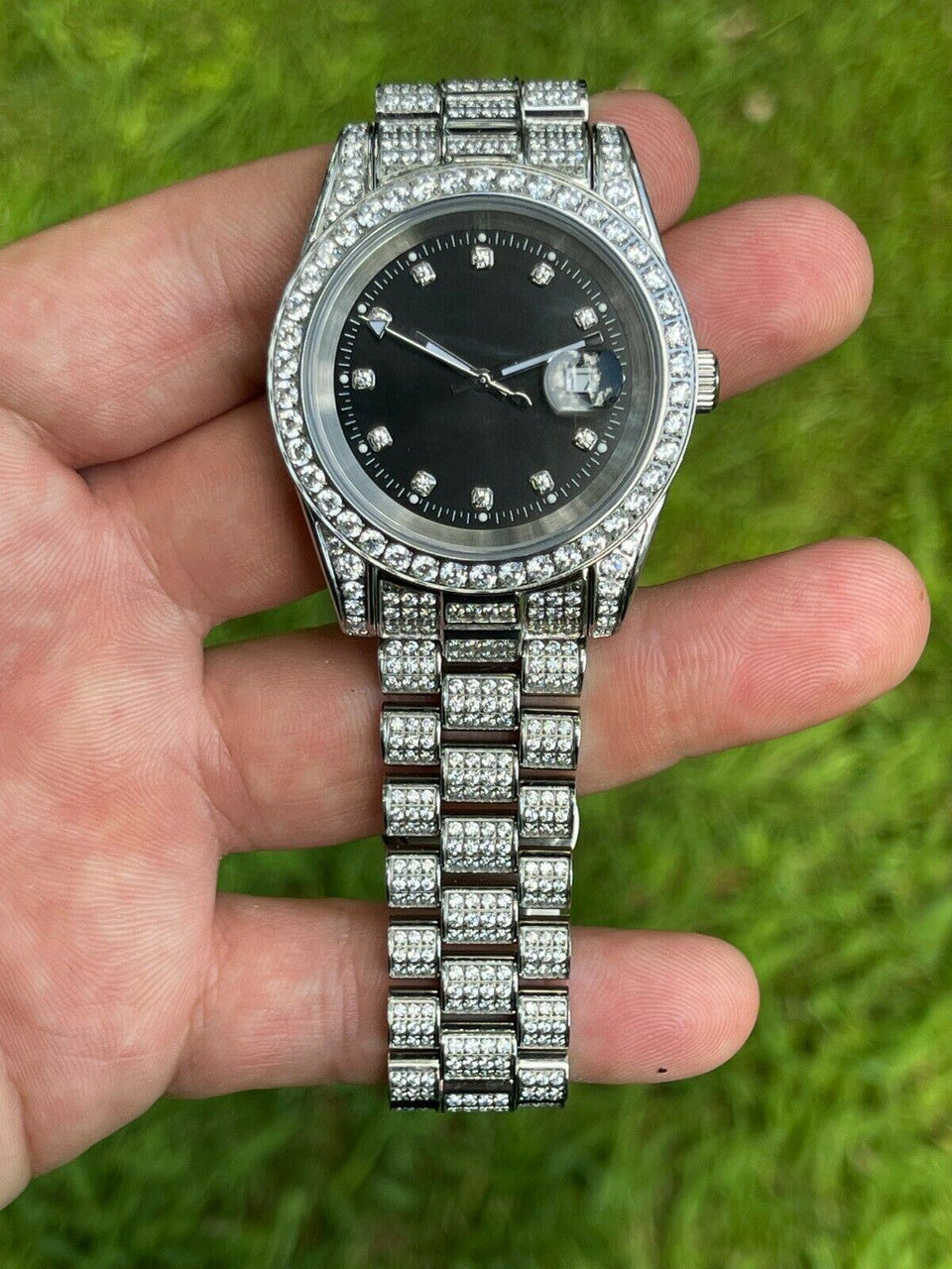 HarlemBling Mens Presidential Stainless 41mm Watch Fully Iced 12ct Flooded Out Diamond Bling