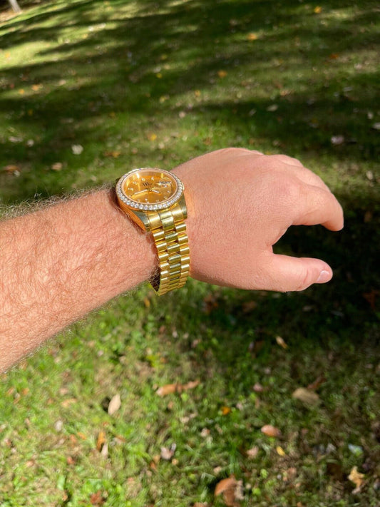 HarlemBling Mens Presidential Stainless Gold Plated Iced Bezel 41mm Automatic Movement Watch