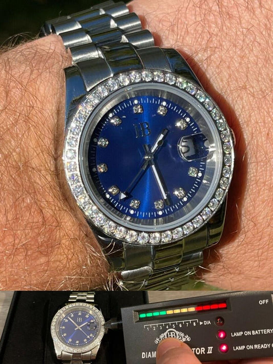HarlemBling Mens Presidential Stainless Iced 3.3ct Moissanite Watch Pass Diamond Tester 41mm Blue Face