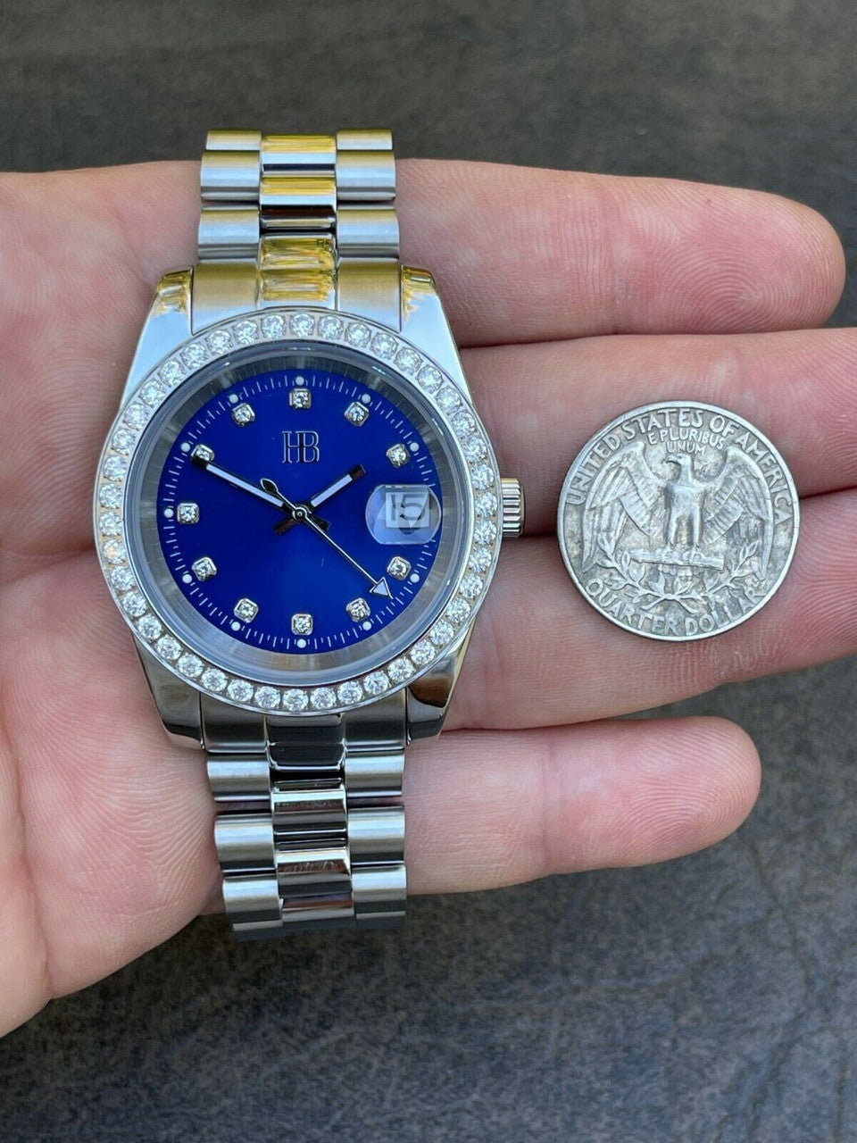 HarlemBling Mens Presidential Stainless Iced 3.3ct Moissanite Watch Pass Diamond Tester 41mm Blue Face