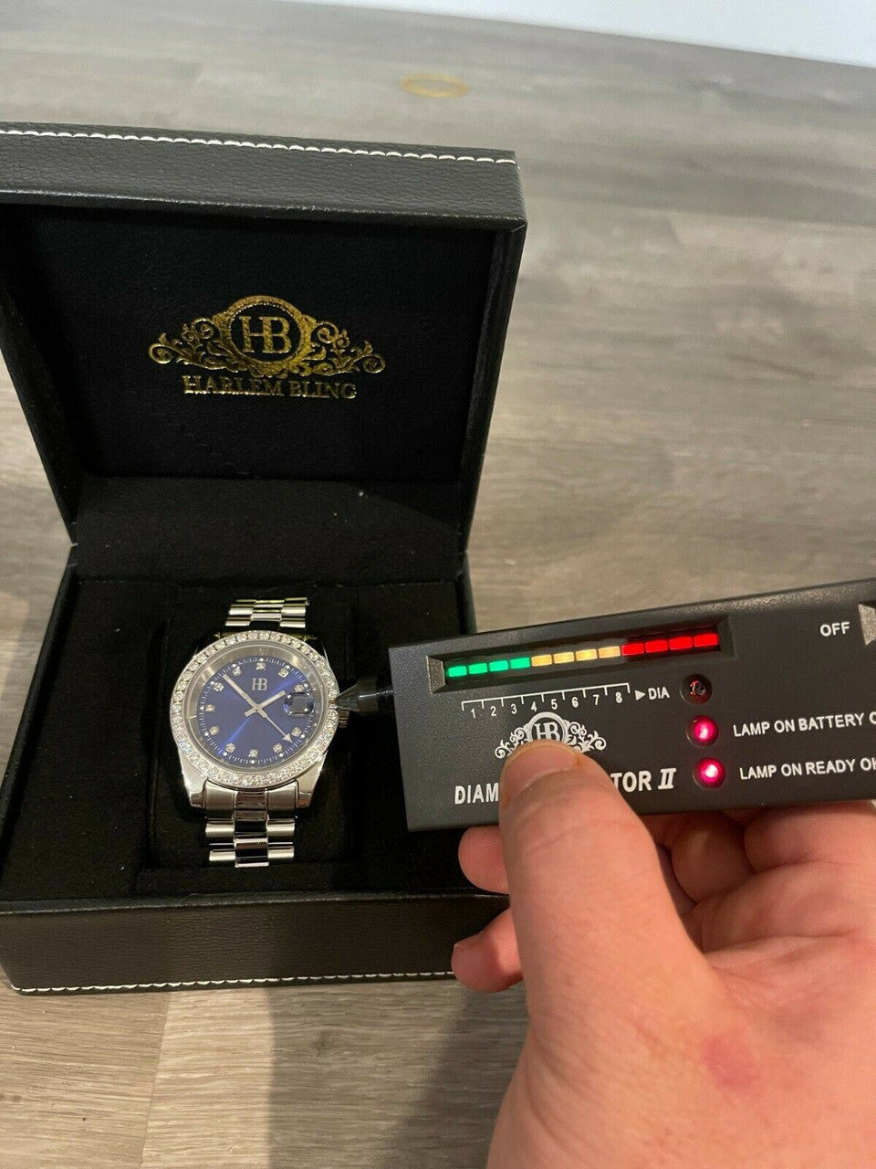 HarlemBling Mens Presidential Stainless Iced 3.3ct Moissanite Watch Pass Diamond Tester 41mm Blue Face