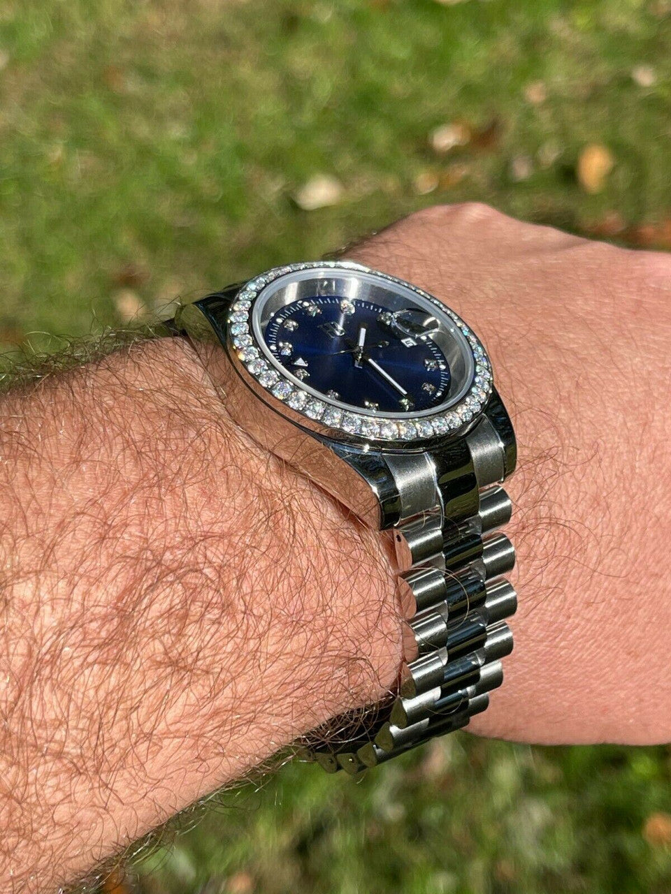 HarlemBling Mens Presidential Stainless Iced 3.3ct Moissanite Watch Pass Diamond Tester 41mm Blue Face