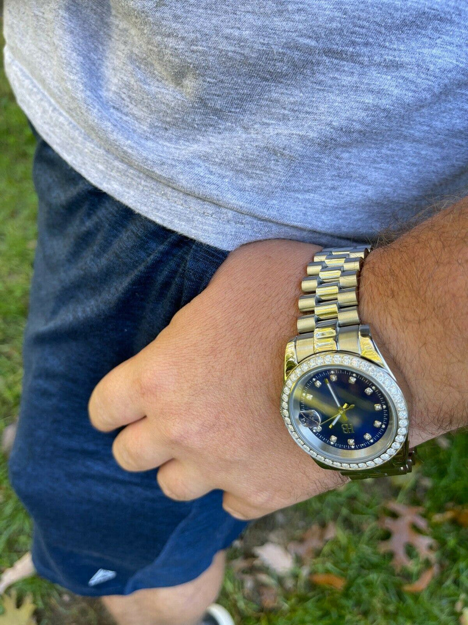 HarlemBling Mens Presidential Stainless Iced 3.3ct Moissanite Watch Pass Diamond Tester 41mm Blue Face