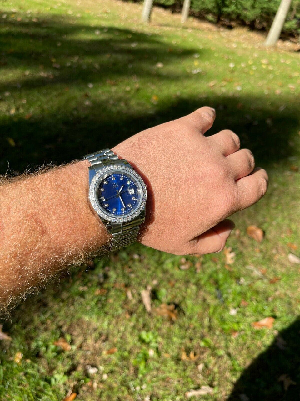 HarlemBling Mens Presidential Stainless Iced 3.3ct Moissanite Watch Pass Diamond Tester 41mm Blue Face