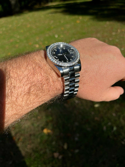 HarlemBling Mens Presidential Stainless Iced 3.3ct Moissanite Watch Pass Diamond Tester 41mm