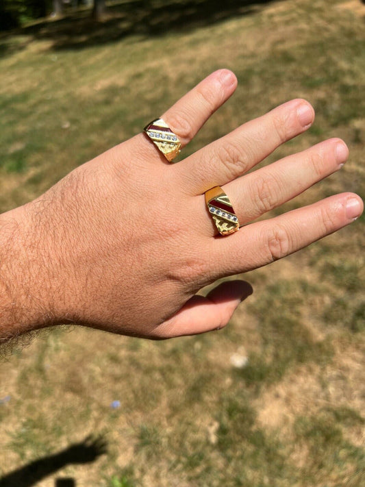 HarlemBling Mens Real 14K Gold Plated 925 Silver Nugget Red Ruby Iced CZ Ring Hip Hop Pinky