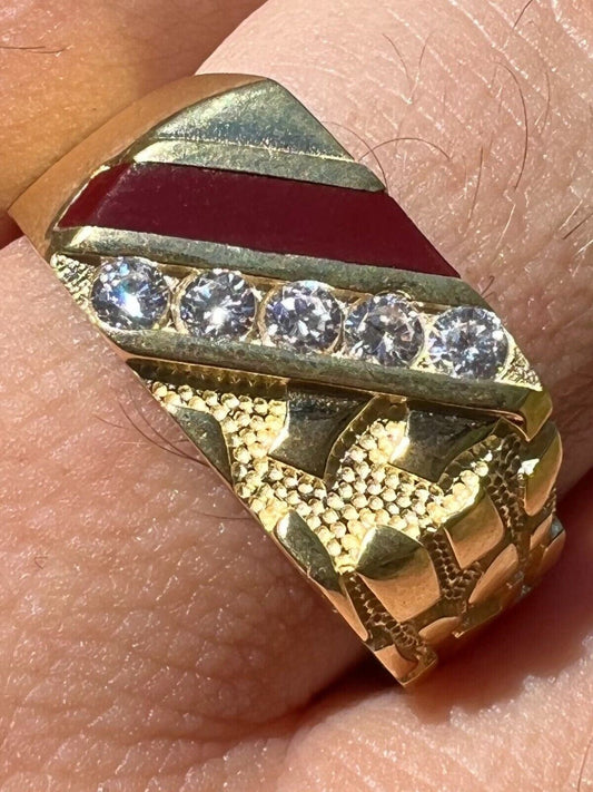 HarlemBling Mens Real 14K Gold Plated 925 Silver Nugget Red Ruby Iced CZ Ring Hip Hop Pinky