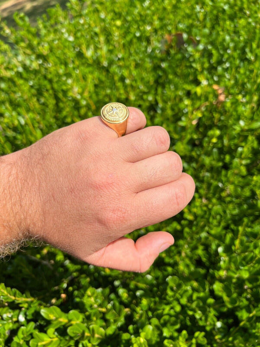 HarlemBling Mens Real 14K Gold Plated 925 Silver Sailor Navigational North Star Compass Ring