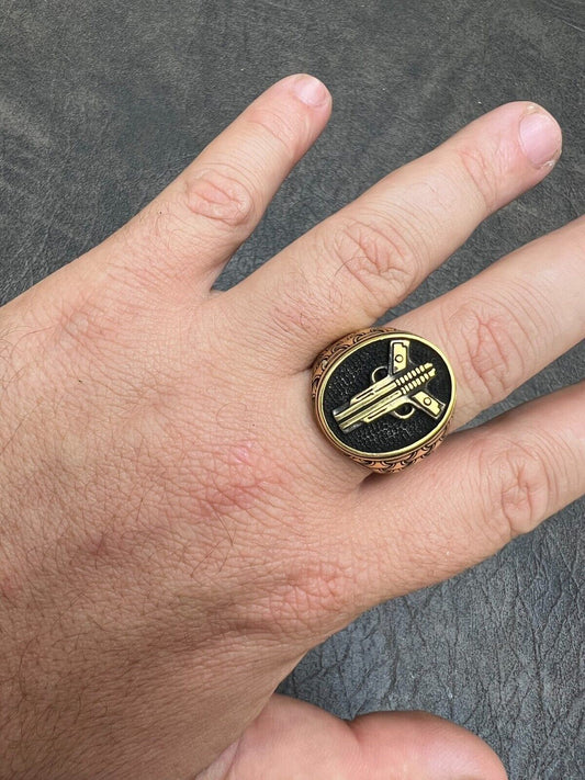HarlemBling Mens Real 14K Gold Plated 925 Sterling Silver Double Guns Pistols Gangster Ring