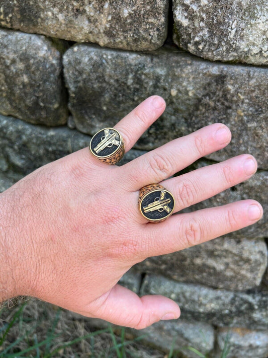 HarlemBling Mens Real 14K Gold Plated 925 Sterling Silver Double Guns Pistols Gangster Ring