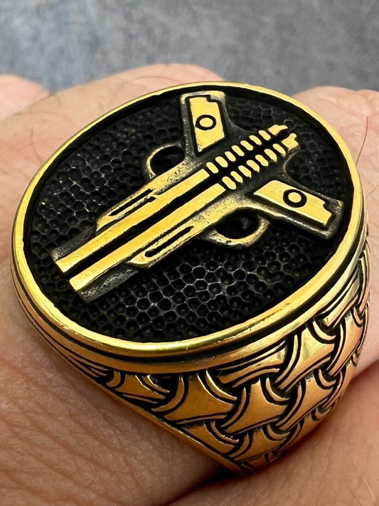 HarlemBling Mens Real 14K Gold Plated 925 Sterling Silver Double Guns Pistols Gangster Ring
