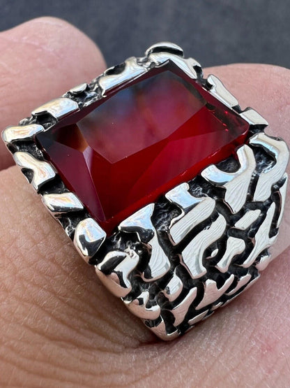 HarlemBling Mens Real 925 Sterling Silver Iced Simulated Big Red Ruby Nugget Hip Hop Ring