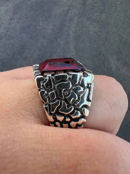 HarlemBling Mens Real 925 Sterling Silver Iced Simulated Big Red Ruby Nugget Hip Hop Ring