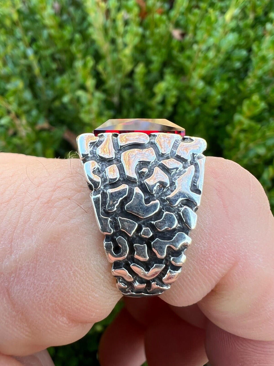 HarlemBling Mens Real 925 Sterling Silver Iced Simulated Big Red Ruby Nugget Hip Hop Ring