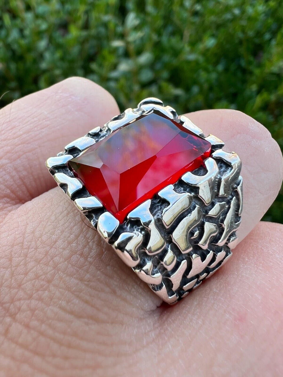 HarlemBling Mens Real 925 Sterling Silver Iced Simulated Big Red Ruby Nugget Hip Hop Ring