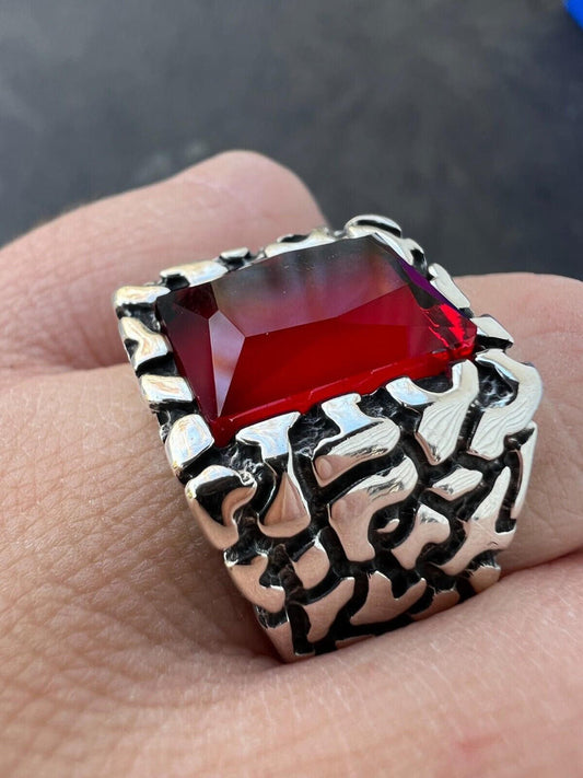 HarlemBling Mens Real 925 Sterling Silver Iced Simulated Big Red Ruby Nugget Hip Hop Ring