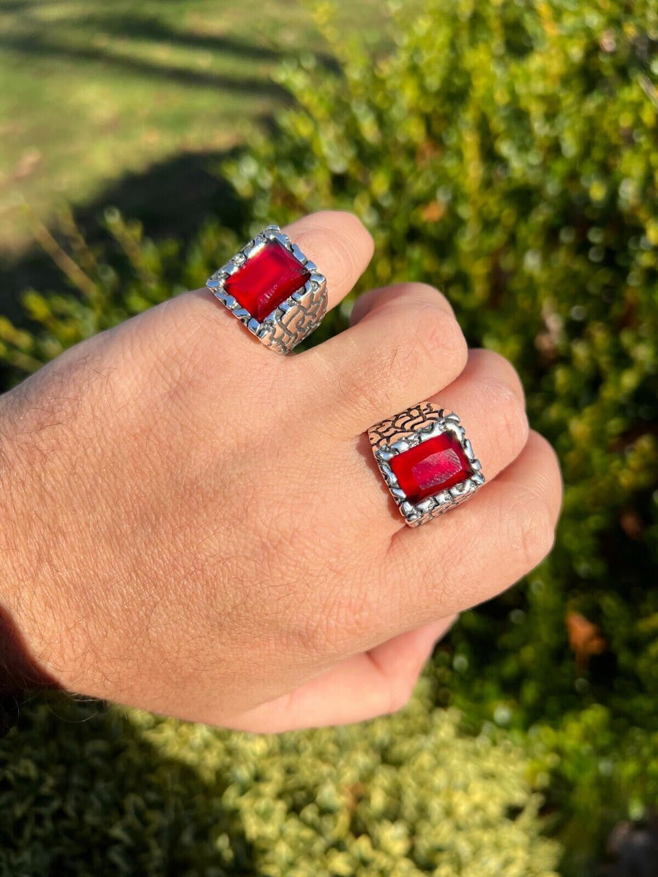 HarlemBling Mens Real 925 Sterling Silver Iced Simulated Big Red Ruby Nugget Hip Hop Ring