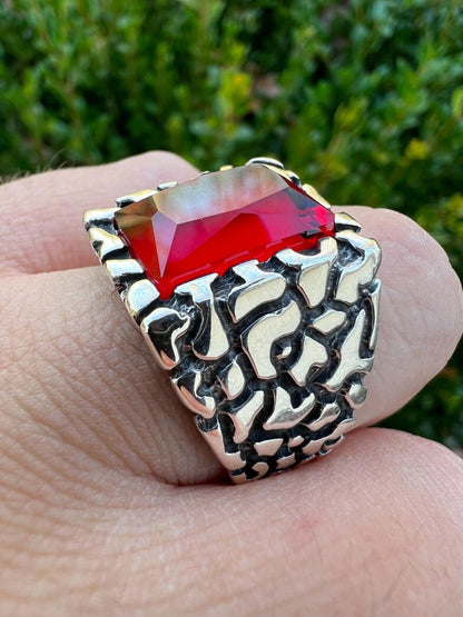 HarlemBling Mens Real 925 Sterling Silver Iced Simulated Big Red Ruby Nugget Hip Hop Ring