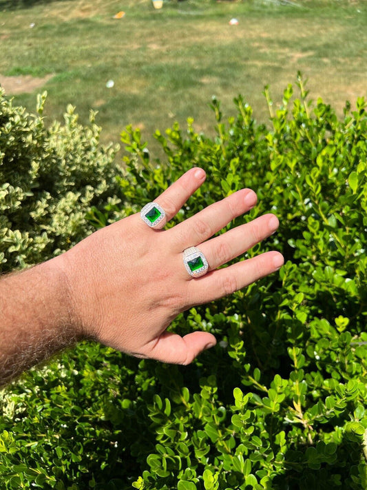 HarlemBling Mens Real 925 Sterling Silver Iced Simulated Green Emerald and CZ Hip Hop Ring