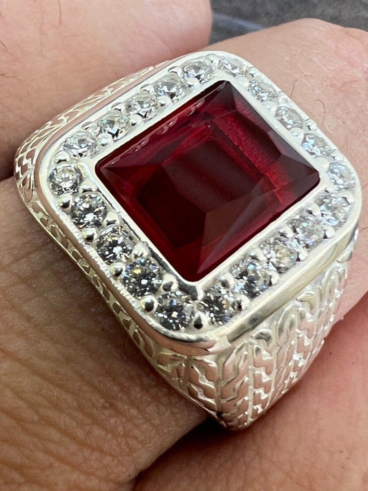 HarlemBling Mens Real 925 Sterling Silver Iced Simulated Red Ruby and CZ Hip Hop Ring Sz 6-13